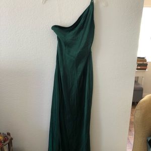 Royals. Deep green, single strap silk gown.